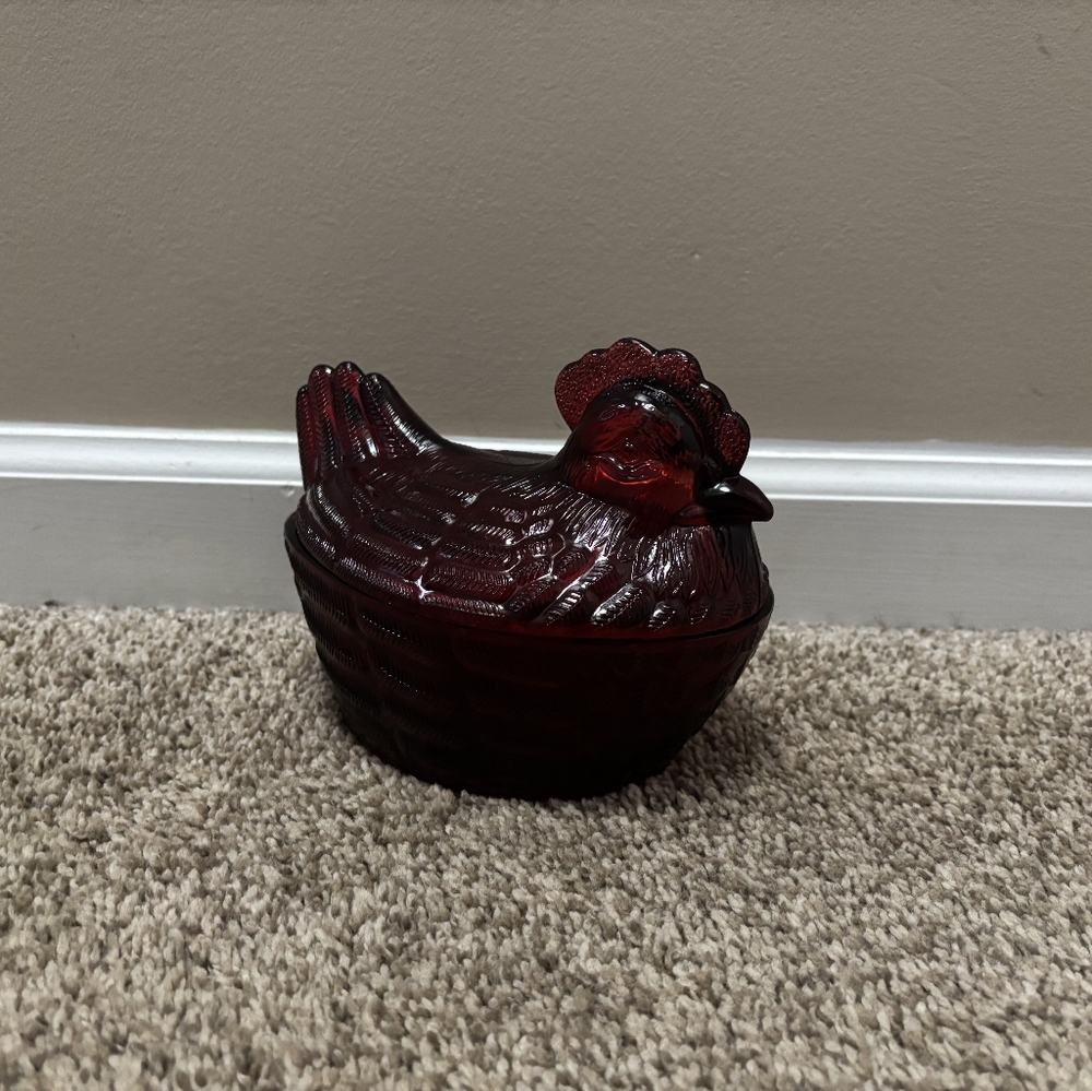 Cracker Barrel Ruby Red Hen On Nest Lidded Bowl Candy Dish 7” Country Cottage